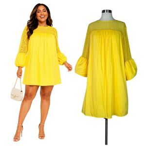 Draper James x ELOQUII | Yellow Lace Bell Sleeve Preppy Plus Size Shift Dress 18
